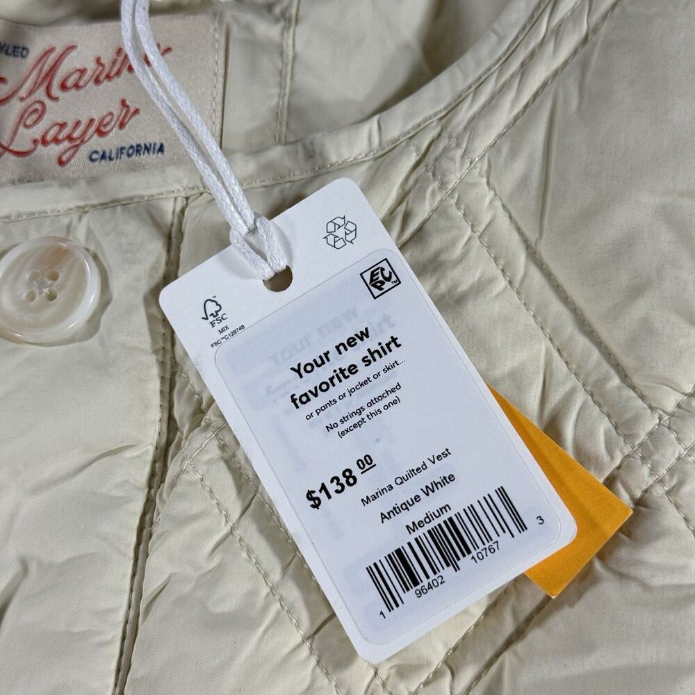 Marine Layer NWT Marina Down Vest Diamond Quilted Antique White Cream Med - Picture 3 of 5